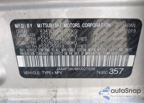 2019 Mitsubishi Outlander Sport 2.0 Es z USA, uszkodzony, nr VIN JA4AP3AU4KU021698